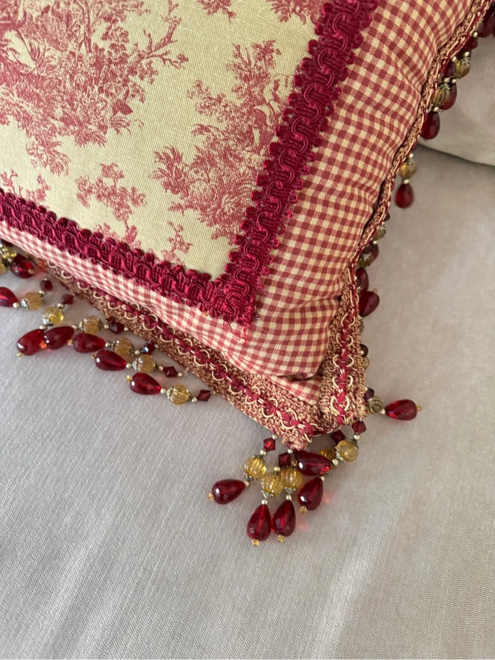 French Country Cottage Red Ivory English Toile Check Tassels Beaded Foam Pillow